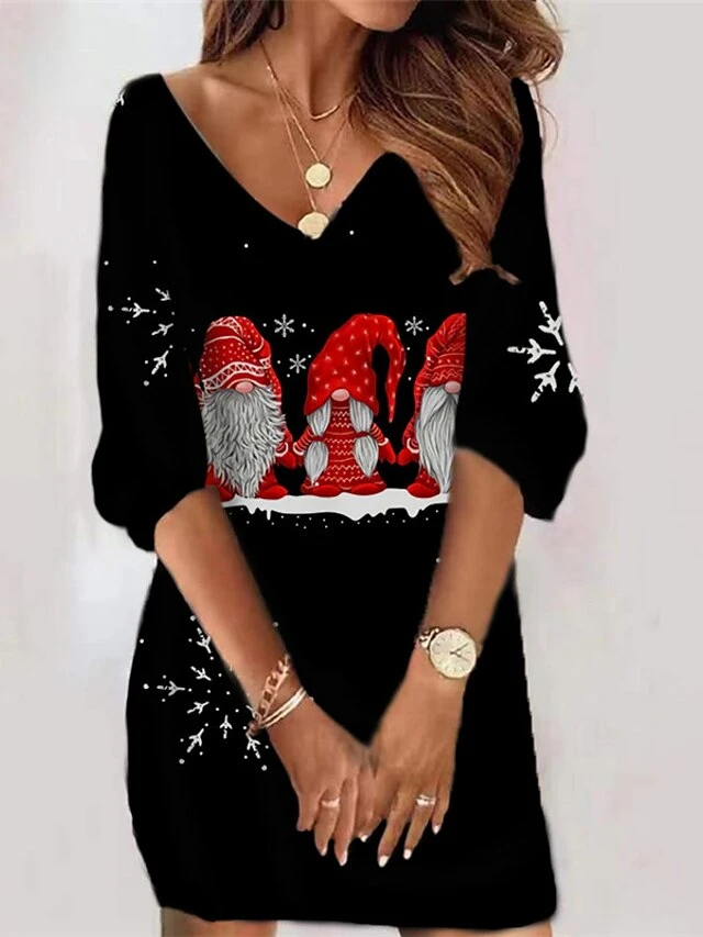 Women‘s Christmas Sweatshirt Dress Winter Dress Short Mini Dress Blue Black 3/4 Length Sleeve Santa Claus Snowman Snowflake Print Fall Winter V Neck Vacation Casual Loose Fit 2022 S M L XL XXL 3XL 4 Women‘s Christmas Sweatshirt Dress Winter Dress Short Mini Dress Blue Black 3/4 Length Sleeve Santa Claus Snowman Snowflake Print Fall Winter V Neck Vacation Casual Loose Fit 2022 S M L XL XXL 3XL - Image 4