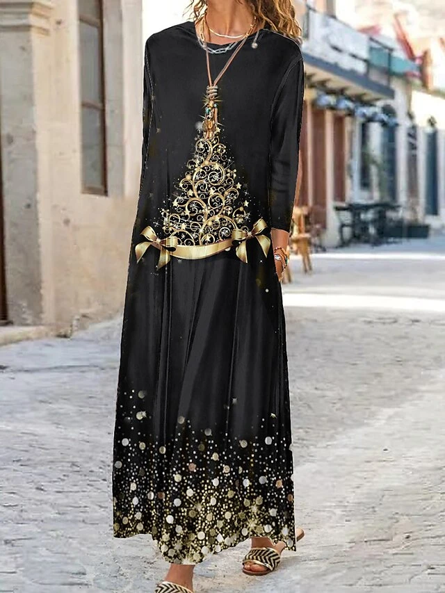 Women's Casual Dress Velvet Dress Winter Dress Christmas Tree Pocket Print Crew Neck Long Dress Maxi Dress Fashion Streetwear Outdoor Christmas Long Sleeve Loose Fit Black Yellow Gold Fall Winter S M 2 Women's Casual Dress Velvet Dress Winter Dress Christmas Tree Pocket Print Crew Neck Long Dress Maxi Dress Fashion Streetwear Outdoor Christmas Long Sleeve Loose Fit Black Yellow Gold Fall Winter S M - Image 2