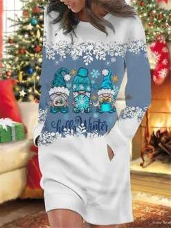 Women's Christmas Casual Dress Sweatshirt Dress Mini Dress Warm Fashion OutdoorHoliday Crew Neck Pocket Print Santa Claus Snowflake Loose Fit Burgundy Blue Green S M L XL XXL