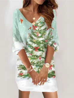 Women‘s Christmas Casual Dress Sweatshirt Dress Mini Dress Fashion Daily Outdoor Vacation V Neck Print Snowman Tree Loose Fit White Blue Green S M L XL XXL
