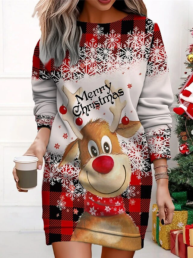 Women's Christmas Casual Dress Sweatshirt Dress Mini Dress Warm Fashion OutdoorVacation Crew Neck Print Animal Geometric Santa Claus Loose Fit Black White Red S M L XL XXL 1 Women's Christmas Casual Dress Sweatshirt Dress Mini Dress Warm Fashion OutdoorVacation Crew Neck Print Animal Geometric Santa Claus Loose Fit Black White Red S M L XL XXL