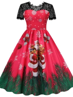 Women's Christmas Casual Dress Swing Dress Midi Dress Green Wine Light Red Fuchsia Red Black Short Sleeve Santa Claus Snowman Snowflake Lace Print Winter Fall Crew Neck Vacation Vintage 2022 S M L XL -Fashion Life Shop phaddc1666761920909