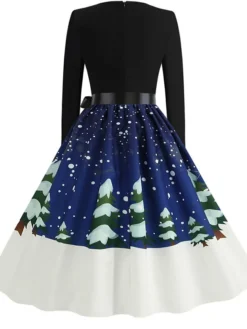 Women's Christmas Party Dress Knee Length Dress Purple Royal Blue Dark Blue Red Black Long Sleeve Elk Tree Bell Bow Print Fall Winter V Neck Vintage Elegant Party 2022 -Fashion Life Shop phzchc1663151843139