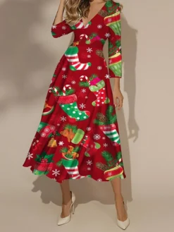 Women's Casual Dress Christmas Dress Swing Dress Plaid Snowflake Print V Neck Midi Dress Fashion Streetwear Outdoor Christmas 3/4 Length Sleeve Regular Fit Red Burgundy Green Fall Winter S M L XL XXL