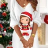Women‘s Christmas Sweatshirt Dress Shift Dress Elf Mini Dress Green Black Red 3/4 Length Sleeve Graphic Print Winter Fall Spring V Neck Fashion Daily 2022 S M L XL XXL 3XL