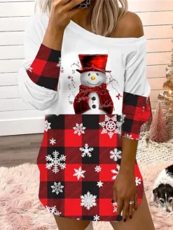 Women's Casual Dress Christmas Dress Sweatshirt Dress Plaid Cat Cold Shoulder Print One Shoulder Mini Dress Fashion Streetwear Outdoor Christmas Long Sleeve Loose Fit Black Red Burgundy Fall Winter S