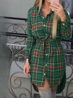 Women's Casual Dress Christmas Dress Shirt Dress Plaid Belted Asymmetrical Shirt Collar Mini Dress Fashion Streetwear Party Christmas Long Sleeve Regular Fit White Red Green Fall Winter S M L XL XXL -Fashion Life Shop pjjerl1694500010121