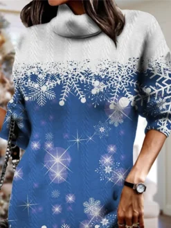 Women's Christmas Dress Sweater Dress Jumper Dress Mini Dress Warm Snowflake Outdoor Christmas Casual Daily Turtleneck Long Sleeve 2023 Loose Fit Burgundy Blue S M L XL XXL 3XL -Fashion Life Shop pjmkwi1697793567422