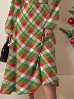 Women's Casual Dress Christmas Dress Swing Dress Plaid Print V Neck Midi Dress Fashion Streetwear Outdoor Christmas Long Sleeve Regular Fit Green Fall Winter S M L XL XXL -Fashion Life Shop pjtrzr1696666379883