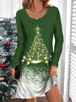 Women's Casual Dress Christmas Dress T Shirt Dress Tee Dress Christmas Tree Snowflake Print V Neck Mini Dress Fashion Streetwear Outdoor Christmas Long Sleeve Loose Fit Black Wine Navy Blue Fall -Fashion Life Shop plawgo1695379110532