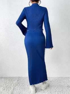 Women's Two Piece Dress Set Skirt Set Swing Dress Home Christmas Punk Work Lace Up Patchwork Long Dress Maxi Dress Crew Neck Long Sleeve Color Block Rainbow Slim Blue Fall Winter S M L XL -Fashion Life Shop plkzun1697524998827