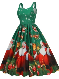 Women's Christmas Casual Dress Swing Dress Midi Dress Green Blue Sleeveless Santa Claus Print Winter Fall Spaghetti Strap Vacation Vintage 2022 S M L XL XXL / Slip Dress -Fashion Life Shop pllvyf1666597247396