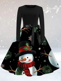 Women's Casual Dress Christmas Dress Sheath Dress Santa Claus Christmas Tree Lace Up Print Crew Neck Midi Dress Active Fashion Outdoor Christmas Long Sleeve Loose Fit Light Yellow Yellow Red Fall S M -Fashion Life Shop plzpgg1694764288734