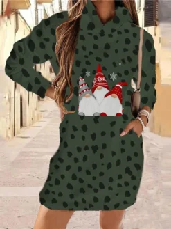 Women‘s Christmas Hoodie Dress Winter DressShort Mini Dress Green Khaki Gray Long Sleeve Leopard Santa Claus Pocket Print Fall Winter Hooded Vacation Casual 2022 S M L XL XXL 3XL -Fashion Life Shop pmdvsk1663666238246
