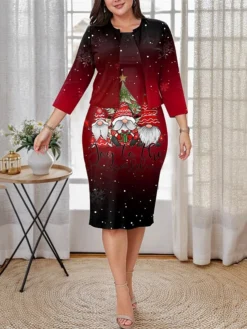 Women's Plus Size Curve Christmas Dress Casual Dress Dress Set Santa Claus Gradient Midi Dress Long Sleeve Print Crew Neck Fashion Outdoor Wine Fall Winter L XL XXL 3XL 4XL