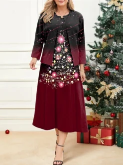 Women's Plus Size Curve Christmas Dress Casual Dress Dress Set Christmas Tree Midi Dress Long Sleeve Print Crew Neck Fashion Outdoor Fuchsia Fall Winter L XL XXL 3XL 4XL
