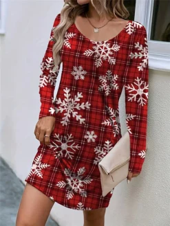 Women's Casual Dress Plaid Dress Christmas Dress Plaid Snowflake Print V Neck Mini Dress Fashion Streetwear Outdoor Christmas Long Sleeve Loose Fit Wine Blue Orange Fall S M L XL XXL