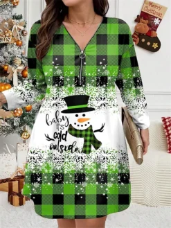 Women's Plus Size Curve Christmas Dress Casual Dress Winter Dress Plaid Snowman Mini Dress Long Sleeve Print V Neck Fashion Outdoor Yellow Wine Fall Winter L XL 2XL 3XL 4XL -Fashion Life Shop pnbuqi1697799843607