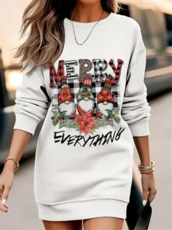 Women's Christmas Casual Dress Sweatshirt Dress Mini Dress Warm Fashion OutdoorVacation Crew Neck Print Santa ClausTree Print Loose Fit Black Red Gray S M L XL XXL