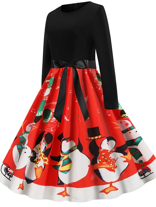 Women's Christmas Knee Length Dress Blue Purple Wine Gray Green Black Red Light Blue Long Sleeve Print Bow Print Fall Winter Round Neck Casual Vintage2021 S M L XL XXL 9 Women's Christmas Knee Length Dress Blue Purple Wine Gray Green Black Red Light Blue Long Sleeve Print Bow Print Fall Winter Round Neck Casual Vintage2021 S M L XL XXL - Image 9