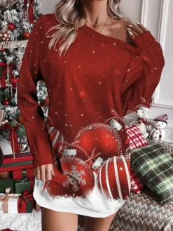 Women's Christmas Dress Sweatshirt Dress Mini Dress Warm Fashion Outdoor Christmas Holiday Crew Neck Print Snowflake Deer Loose Fit White Wine Red S M L XL XXL -Fashion Life Shop pqbxwt1697541294810