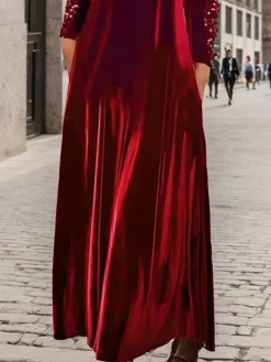 Women's Christmas Dress Winter Dress Casual Dress Long Dress Maxi Dress Patchwork Pocket Outdoor Christmas Daily Fashion Modern Cowl Neck 3/4 Length Sleeve 2023 Regular Fit Wine Color S M L XL XXL -Fashion Life Shop prhlez1697088852766