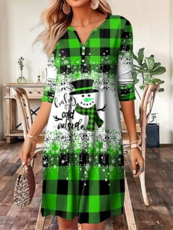 Women's Casual Dress Christmas Dress Winter Dress Plaid Snowman Button Print Split Neck Mini Dress Fashion Streetwear Outdoor Christmas Long Sleeve Loose Fit Wine Blue Purple Fall Winter S M L XL XXL -Fashion Life Shop psagyy1697194068836
