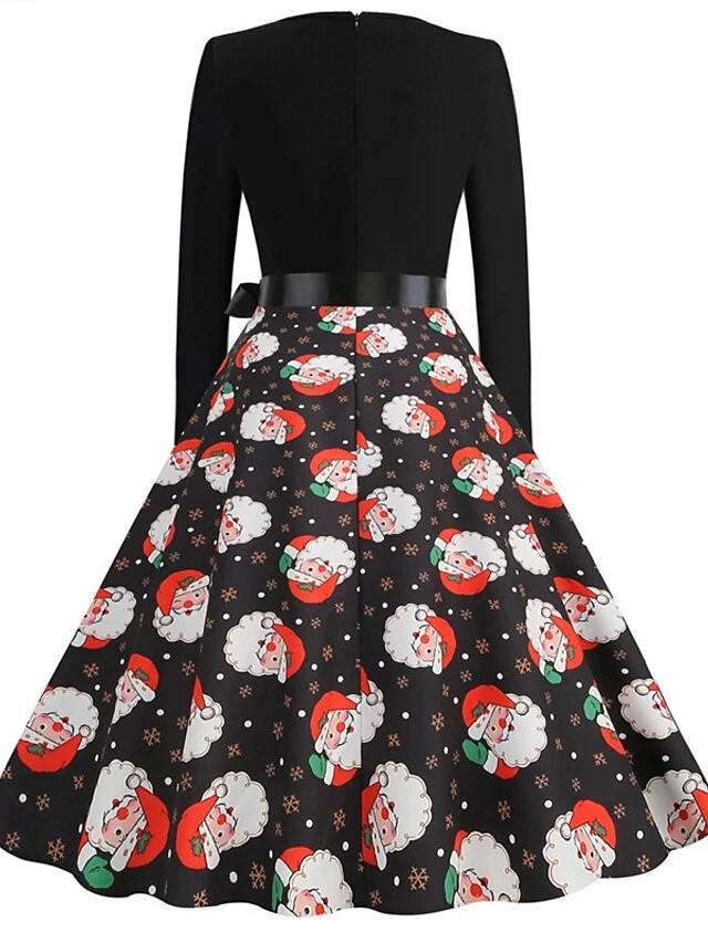 Women's Christmas Vintage Dress Midi Dress Black And White Green Black Long Sleeve Santa Claus Bow Winter Fall Autumn Square Neck Stylish Christmas Vacation 2022 S M L XL XXL 3XL 7 Women's Christmas Vintage Dress Midi Dress Black And White Green Black Long Sleeve Santa Claus Bow Winter Fall Autumn Square Neck Stylish Christmas Vacation 2022 S M L XL XXL 3XL - Image 7