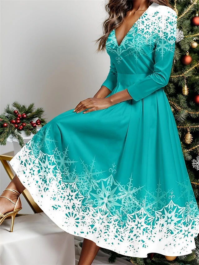 Women's Casual Dress Christmas Dress Winter Dress Snowflake Print V Neck Midi Dress Fashion Streetwear Outdoor Christmas 3/4 Length Sleeve Regular Fit Wine Blue Sky Blue Fall Winter S M L XL XXL 2 Women's Casual Dress Christmas Dress Winter Dress Snowflake Print V Neck Midi Dress Fashion Streetwear Outdoor Christmas 3/4 Length Sleeve Regular Fit Wine Blue Sky Blue Fall Winter S M L XL XXL - Image 2