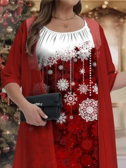 Women's Plus Size Curve Christmas Dress Casual Dress Dress Set Snowflake Midi Dress 3/4 Length Sleeve Print Crew Neck Fashion Outdoor Burgundy Fall Winter L XL 2XL 3XL 4XL -Fashion Life Shop ptqyjc1697776051515