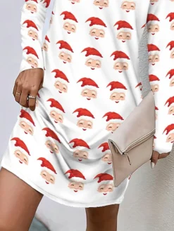 Women's Casual Dress Christmas Dress T Shirt Dress Tee Dress Santa Claus Print V Neck Mini Dress Fashion Streetwear Outdoor Christmas Long Sleeve Loose Fit White Fall Winter S M L XL XXL -Fashion Life Shop ptrvaq1696669368021