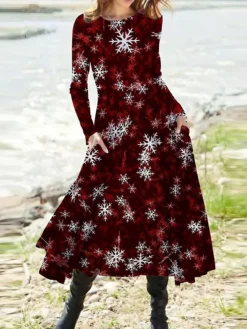 Women's Christmas Casual Dress Swing Dress Midi Dress Wine Long Sleeve Snowflake Pocket Winter Fall Autumn Fashion Christmas Daily 2022 S M L XL XXL 3XL