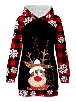 Women‘s Christmas Hoodie Dress Winter Dress Snowflake Scarf Fawn Star Scarf Fawn Cape Deer Colored Horned Fawn Long Sleeve Elk Snowflake Pocket Print Winter Fall Hooded Stylish Casual Fall Dress -Fashion Life Shop pvmyvj1665747012887