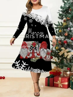 Women's Christmas Plus Size Curve Casual Dress Skater Dress A Line Dress Santa Claus Gradient Midi Dress Long Sleeve Print Crew Neck Fashion Outdoor Black White Fall Winter L XL XXL 3XL 4XL -Fashion Life Shop pvuszc1695264754688
