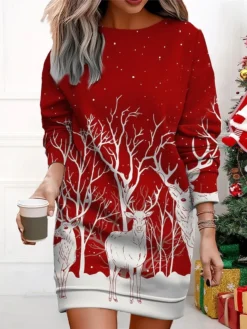 Women's Christmas Casual Dress Sweatshirt Dress Mini Dress Warm Fashion Outdoor Vacation Crew Neck Print Snowman Christmas Tree Loose Fit Black Red Royal Blue S M L XL XXL