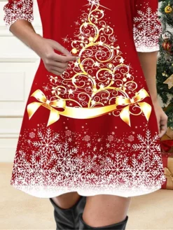 Women's Casual Dress Christmas Dress Winter Dress Christmas Tree Snowflake Print V Neck Mini Dress Active Fashion Outdoor Christmas Long Sleeve Regular Fit Wine Fall Winter S M L XL XXL -Fashion Life Shop pwqddo1697527710783