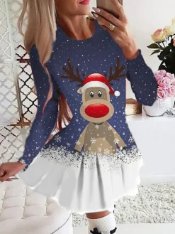 Women's Christmas Swing DressShort Mini Dress Light Blue Long Sleeve Elk Snowflake Pleated Print Fall Winter Crew Neck Stylish Romantic 2022 S M L XL 2XL 3XL 4XL 5XL 6XL