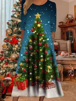 Women's Christmas Casual Dress Swing Dress Midi Dress Midi Dress Black Blue Navy Blue Half Sleeve Snowman Pocket Winter Fall Autumn Round Neck Fashion Christmas Daily 2022 S M L XL XXL 3XL -Fashion Life Shop pwynyn1668404129440