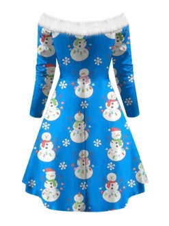 Women's Christmas Swing Dress Vintage Dress Mini Dress Green Blue Royal Blue Red White Black Long Sleeve Santa Claus Snowman Snowflake Feather Print Winter Fall Off Shoulder Stylish Elegant -Fashion Life Shop pxiuif1666597371975