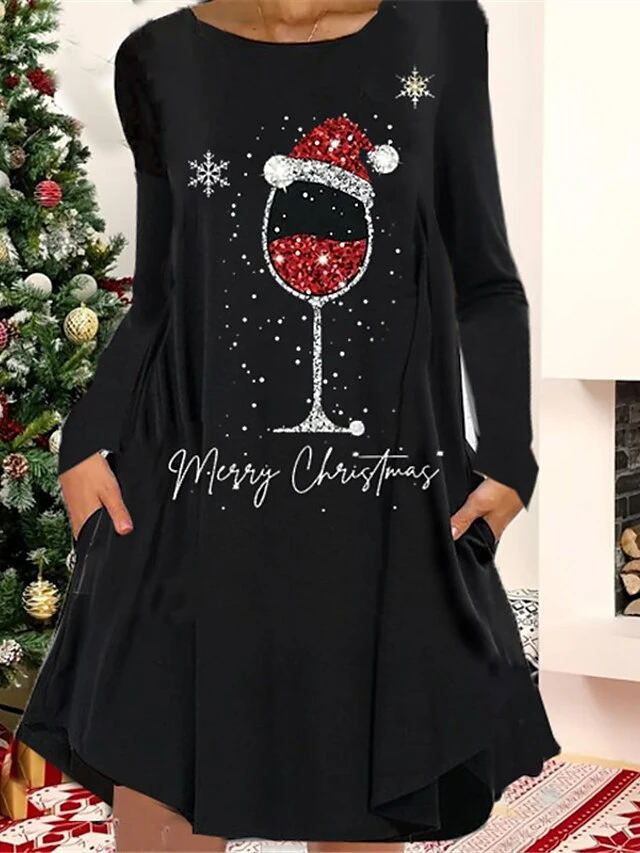 Women's Christmas Casual Dress T Shirt Dress Tee Dress Shift Dress Mini Dress Black Gold Yellow Long Sleeve Letter Pocket Winter Fall Autumn Crew Neck Fashion Christmas Daily 2022 S M L XL XXL 3XL 5 Women's Christmas Casual Dress T Shirt Dress Tee Dress Shift Dress Mini Dress Black Gold Yellow Long Sleeve Letter Pocket Winter Fall Autumn Crew Neck Fashion Christmas Daily 2022 S M L XL XXL 3XL - Image 5