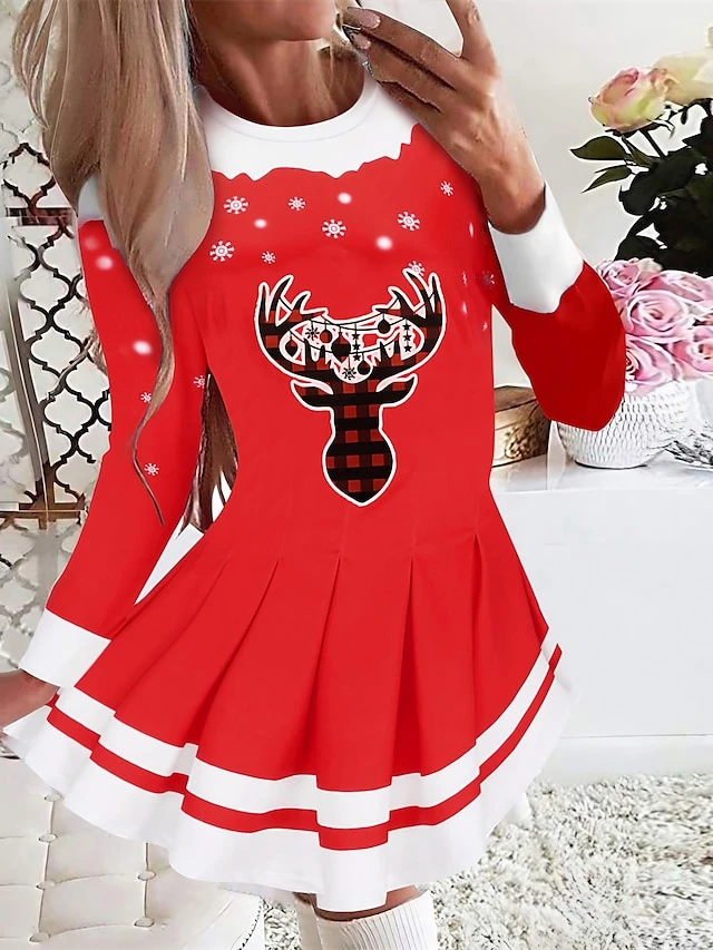 Women's Christmas Swing Dress Blue Red Black Long Sleeve Elk Snowflake Pleated Print Winter Fall Crew Neck Stylish Romantic Fall Dress Loose Fit 2022 S M L XL XXL / Winter Dress 5 Women's Christmas Swing Dress Blue Red Black Long Sleeve Elk Snowflake Pleated Print Winter Fall Crew Neck Stylish Romantic Fall Dress Loose Fit 2022 S M L XL XXL / Winter Dress - Image 5