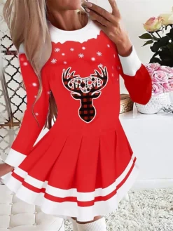Women's Christmas Swing DressShort Mini Dress Blue Red Black Long Sleeve Plaid Elk Snowflake Pleated Print Fall Winter Crew Neck Stylish Romantic Loose Fit 2022 S M L XL XXL