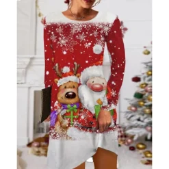 Women's Christmas Casual Dress T Shirt Dress Tee Dress Mini Dress Black Blue Red Long Sleeve Tree Snowflake Pocket Print Winter Fall Crew Neck Vacation Casual 2022 S M L XL XXL 3XL -Fashion Life Shop pychff1668238087958