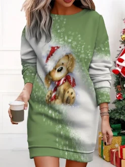 Women's Christmas Casual Dress Sweatshirt Dress Mini Dress Warm Fashion OutdoorVacation Crew Neck Print SnowmanTree Loose Fit ArmyGreen Navy Blue Purple S M L XL XXL -Fashion Life Shop pyfxqa1695365432583