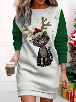 Women's Christmas Casual Dress Sweatshirt Dress Mini Dress Warm Fashion OutdoorVacation Crew Neck Print Animal Loose Fit Black Yellow Red S M L XL XXL
