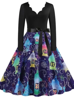 Women's Christmas Swing Dress Vintage Dress Midi Dress Green Blue Purple Long Sleeve Santa Claus Bow Winter Fall Autumn V Neck Fashion Daily Date 2022 S M L XL XXL 3XL