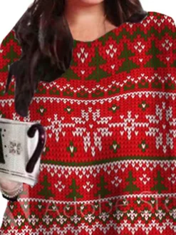 Women's Plus Size Christmas Casual Dress Sunflower Round Neck Print Long Sleeve Fall Winter Vintage Casual Festival Mini Dress Holiday Dress -Fashion Life Shop qaxdtr1664527028671