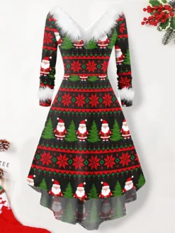 Women's Christmas Swing Dress Vintage Dress Midi Dress Green Silver Wine Red Brown White Long Sleeve Print Plus High Low Print Winter Fall V Neck Vintage Romantic Traditional 2022 S M L XL 2XL -Fashion Life Shop qbgcsb1668153969401