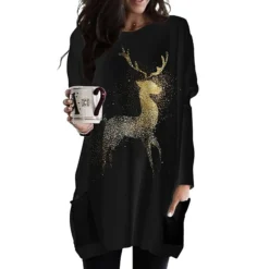 Women's Christmas T Shirt Dress Tee Dress Shift Dress Black Long Sleeve Animal Pocket Print Winter Fall V Neck Basic Casual Fall Dress Loose Fit S M L XL XXL 3XL / Winter Dress -Fashion Life Shop qbwjkv1639019217097