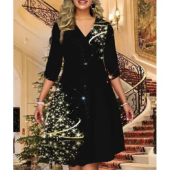 Women's Christmas Print Dress Green Blue Purple Red Black Long Sleeve Elk Snowman Tree Print Winter Autumn V Neck Fashion Casual Fall Dress Loose Fit 2022 S M L XL 2XL 3XL 4XL 5XL 6XL -Fashion Life Shop qdbwbf1668426782113